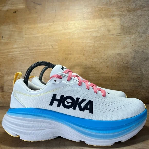 Hoka One One Bondi 8 REFLECTIVE Womens Sz 7.5 Running Shoes Sneakers White Blue - Picture 1 of 11